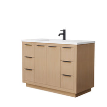 Load image into Gallery viewer, Wyndham Collection Vanity Wyndham Collection WCF282848SLBK1INTMXX Maroni 48 Inch Single Bathroom Vanity in Light Straw, 1.25 Inch Thick Matte White Solid Surface Countertop, Integrated Sink, Matte Black Trim