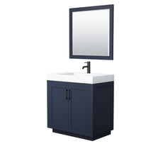 Load image into Gallery viewer, Wyndham Collection Vanity Wyndham Collection WCF292936SBBK4INTM34 Miranda 36 Inch Single Bathroom Vanity in Dark Blue, 4 Inch Thick Matte White Solid Surface Countertop, Integrated Sink, Matte Black Trim, 34 Inch Mirror