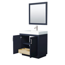 Load image into Gallery viewer, Wyndham Collection Vanity Wyndham Collection WCF292936SBNK4INTM34 Miranda 36 Inch Single Bathroom Vanity in Dark Blue, 4 Inch Thick Matte White Solid Surface Countertop, Integrated Sink, Brushed Nickel Trim, 34 Inch Mirror