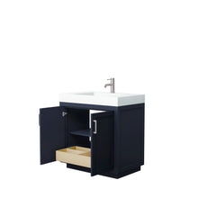 Load image into Gallery viewer, Wyndham Collection Vanity Wyndham Collection WCF292936SBNK4INTMXX Miranda 36 Inch Single Bathroom Vanity in Dark Blue, 4 Inch Thick Matte White Solid Surface Countertop, Integrated Sink, Brushed Nickel Trim
