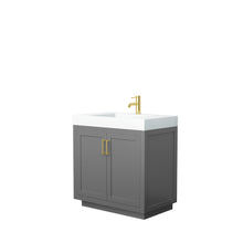 Load image into Gallery viewer, Wyndham Collection Vanity Wyndham Collection WCF292936SGGK4INTMXX Miranda 36 Inch Single Bathroom Vanity in Dark Gray, 4 Inch Thick Matte White Solid Surface Countertop, Integrated Sink, Brushed Gold Trim