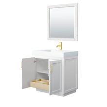 Load image into Gallery viewer, Wyndham Collection Vanity Wyndham Collection WCF292936SWGK4INTM34 Miranda 36 Inch Single Bathroom Vanity in White, 4 Inch Thick Matte White Solid Surface Countertop, Integrated Sink, Brushed Gold Trim, 34 Inch Mirror