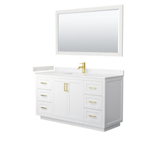 Load image into Gallery viewer, Wyndham Collection Vanity Wyndham Collection WCF292960SWGC2UNSM58 Miranda 60 Inch Single Bathroom Vanity in White, Light-Vein Carrara Cultured Marble Countertop, Undermount Square Sink, Brushed Gold Trim, 58 Inch Mirror