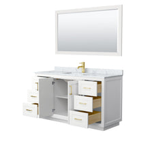 Load image into Gallery viewer, Wyndham Collection Vanity Wyndham Collection WCF292960SWGCMUNSM58 Miranda 60 Inch Single Bathroom Vanity in White, White Carrara Marble Countertop, Undermount Square Sink, Brushed Gold Trim, 58 Inch Mirror