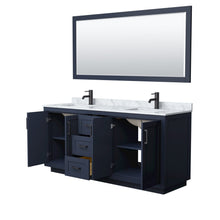 Load image into Gallery viewer, Wyndham Collection Vanity Wyndham Collection WCF292972DBBCMUNSM70 Miranda 72 Inch Double Bathroom Vanity in Dark Blue, White Carrara Marble Countertop, Undermount Square Sinks, Matte Black Trim, 70 Inch Mirror