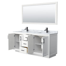 Load image into Gallery viewer, Wyndham Collection Vanity Wyndham Collection WCF292972DWBCMUNSM70 Miranda 72 Inch Double Bathroom Vanity in White, White Carrara Marble Countertop, Undermount Square Sinks, Matte Black Trim, 70 Inch Mirror