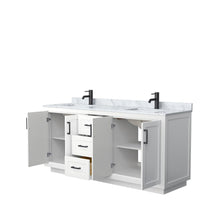Load image into Gallery viewer, Wyndham Collection Vanity Wyndham Collection WCF292972DWBCMUNSMXX Miranda 72 Inch Double Bathroom Vanity in White, White Carrara Marble Countertop, Undermount Square Sinks, Matte Black Trim