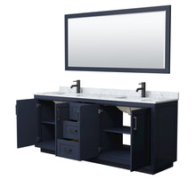 Load image into Gallery viewer, Wyndham Collection Vanity Wyndham Collection WCF292980DBBCMUNSM70 Miranda 80 Inch Double Bathroom Vanity in Dark Blue, White Carrara Marble Countertop, Undermount Square Sinks, Matte Black Trim, 70 Inch Mirror