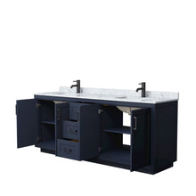 Load image into Gallery viewer, Wyndham Collection Vanity Wyndham Collection WCF292980DBBCMUNSMXX Miranda 80 Inch Double Bathroom Vanity in Dark Blue, White Carrara Marble Countertop, Undermount Square Sinks, Matte Black Trim