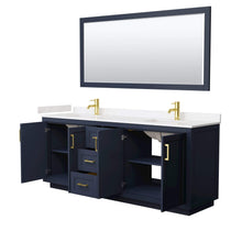 Load image into Gallery viewer, Wyndham Collection Vanity Wyndham Collection WCF292980DBLC2UNSM70 Miranda 80 Inch Double Bathroom Vanity in Dark Blue, Light-Vein Carrara Cultured Marble Countertop, Undermount Square Sinks, Brushed Gold Trim, 70 Inch Mirror