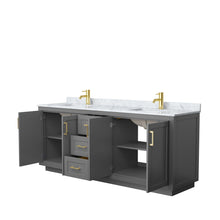 Load image into Gallery viewer, Wyndham Collection Vanity Wyndham Collection WCF292980DGGCMUNSMXX Miranda 80 Inch Double Bathroom Vanity in Dark Gray, White Carrara Marble Countertop, Undermount Square Sinks, Brushed Gold Trim