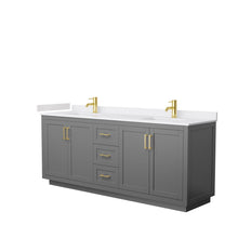 Load image into Gallery viewer, Wyndham Collection Vanity Wyndham Collection WCF292980DGGWCUNSMXX Miranda 80 Inch Double Bathroom Vanity in Dark Gray, White Cultured Marble Countertop, Undermount Square Sinks, Brushed Gold Trim