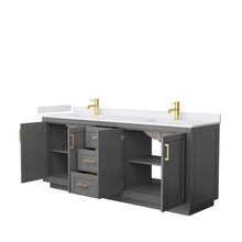Load image into Gallery viewer, Wyndham Collection Vanity Wyndham Collection WCF292980DGGWCUNSMXX Miranda 80 Inch Double Bathroom Vanity in Dark Gray, White Cultured Marble Countertop, Undermount Square Sinks, Brushed Gold Trim
