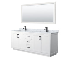 Load image into Gallery viewer, Wyndham Collection Vanity Wyndham Collection WCF292980DWBCMUNSM70 Miranda 80 Inch Double Bathroom Vanity in White, White Carrara Marble Countertop, Undermount Square Sinks, Matte Black Trim, 70 Inch Mirror
