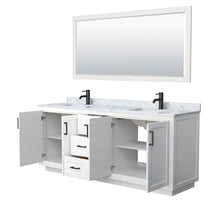 Load image into Gallery viewer, Wyndham Collection Vanity Wyndham Collection WCF292980DWBCMUNSM70 Miranda 80 Inch Double Bathroom Vanity in White, White Carrara Marble Countertop, Undermount Square Sinks, Matte Black Trim, 70 Inch Mirror