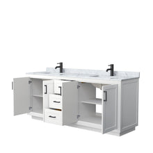 Load image into Gallery viewer, Wyndham Collection Vanity Wyndham Collection WCF292980DWBCMUNSMXX Miranda 80 Inch Double Bathroom Vanity in White, White Carrara Marble Countertop, Undermount Square Sinks, Matte Black Trim