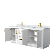 Load image into Gallery viewer, Wyndham Collection Vanity Wyndham Collection WCF292980DWGCMUNSMXX Miranda 80 Inch Double Bathroom Vanity in White, White Carrara Marble Countertop, Undermount Square Sinks, Brushed Gold Trim