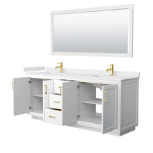 Load image into Gallery viewer, Wyndham Collection Vanity Wyndham Collection WCF292980DWGWCUNSM70 Miranda 80 Inch Double Bathroom Vanity in White, White Cultured Marble Countertop, Undermount Square Sinks, Brushed Gold Trim, 70 Inch Mirror