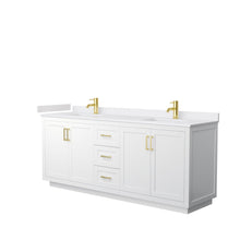 Load image into Gallery viewer, Wyndham Collection Vanity Wyndham Collection WCF292980DWGWCUNSMXX Miranda 80 Inch Double Bathroom Vanity in White, White Cultured Marble Countertop, Undermount Square Sinks, Brushed Gold Trim