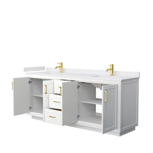 Load image into Gallery viewer, Wyndham Collection Vanity Wyndham Collection WCF292980DWGWCUNSMXX Miranda 80 Inch Double Bathroom Vanity in White, White Cultured Marble Countertop, Undermount Square Sinks, Brushed Gold Trim