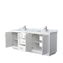 Load image into Gallery viewer, Wyndham Collection Vanity Wyndham Collection WCF292980DWHCMUNSMXX Miranda 80 Inch Double Bathroom Vanity in White, White Carrara Marble Countertop, Undermount Square Sinks, Brushed Nickel Trim
