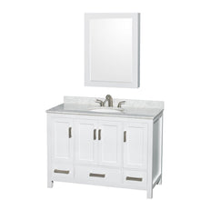 Load image into Gallery viewer, Wyndham Collection Vanity Wyndham Collection WCS141448SWHCMUNOMED Sheffield 48 Inch Single Bathroom Vanity in White, White Carrara Marble Countertop, Undermount Oval Sink, and Medicine Cabinet