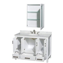 Load image into Gallery viewer, Wyndham Collection Vanity Wyndham Collection WCS141448SWHCMUNOMED Sheffield 48 Inch Single Bathroom Vanity in White, White Carrara Marble Countertop, Undermount Oval Sink, and Medicine Cabinet