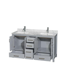 Load image into Gallery viewer, Wyndham Collection Vanity Wyndham Collection WCS141460DGYCMUNSMXX Sheffield 60 Inch Double Bathroom Vanity in Gray, White Carrara Marble Countertop, Undermount Square Sinks, and No Mirror