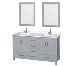 Load image into Gallery viewer, Wyndham Collection Vanity Wyndham Collection WCS141460DGYWQUNSM24 Sheffield 60 Inch Double Bathroom Vanity in Gray, White Quartz Countertop, Undermount Square Sinks, 24 Inch Mirrors