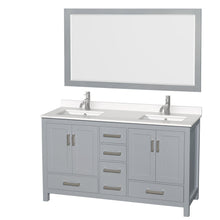 Load image into Gallery viewer, Wyndham Collection Vanity Wyndham Collection WCS141460DGYWQUNSM58 Sheffield 60 Inch Double Bathroom Vanity in Gray, White Quartz Countertop, Undermount Square Sinks, 58 Inch Mirror