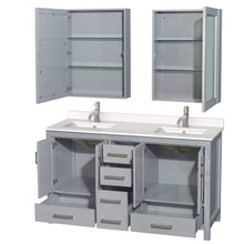 Load image into Gallery viewer, Wyndham Collection Vanity Wyndham Collection WCS141460DGYWQUNSMED Sheffield 60 Inch Double Bathroom Vanity in Gray, White Quartz Countertop, Undermount Square Sinks, Medicine Cabinets