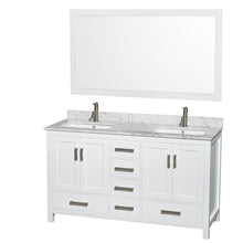 Load image into Gallery viewer, Wyndham Collection Vanity Wyndham Collection WCS141460DWHCMUNSM58 Sheffield 60 Inch Double Bathroom Vanity in White, White Carrara Marble Countertop, Undermount Square Sinks, and 58 Inch Mirror