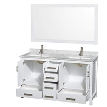 Load image into Gallery viewer, Wyndham Collection Vanity Wyndham Collection WCS141460DWHCMUNSM58 Sheffield 60 Inch Double Bathroom Vanity in White, White Carrara Marble Countertop, Undermount Square Sinks, and 58 Inch Mirror