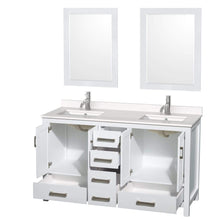 Load image into Gallery viewer, Wyndham Collection Vanity Wyndham Collection WCS141460DWHWQUNSM24 Sheffield 60 Inch Double Bathroom Vanity in White, White Quartz Countertop, Undermount Square Sinks, 24 Inch Mirrors
