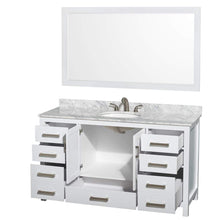 Load image into Gallery viewer, Wyndham Collection Vanity Wyndham Collection WCS141460SWHCMUNOM58 Sheffield 60 Inch Single Bathroom Vanity in White, White Carrara Marble Countertop, Undermount Oval Sink, and 58 Inch Mirror