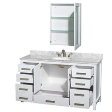 Load image into Gallery viewer, Wyndham Collection Vanity Wyndham Collection WCS141460SWHCMUNOMED Sheffield 60 Inch Single Bathroom Vanity in White, White Carrara Marble Countertop, Undermount Oval Sink, and Medicine Cabinet