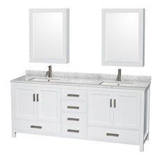 Load image into Gallery viewer, Wyndham Collection Vanity Wyndham Collection WCS141480DWHCMUNSMED Sheffield 80 Inch Double Bathroom Vanity in White, White Carrara Marble Countertop, Undermount Square Sinks, and Medicine Cabinets