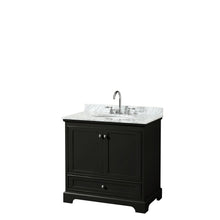 Load image into Gallery viewer, Wyndham Collection Vanity Wyndham Collection WCS202036SDECMUNOMXX Deborah 36 Inch Single Bathroom Vanity in Dark Espresso, White Carrara Marble Countertop, Undermount Oval Sink, and No Mirror