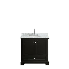 Load image into Gallery viewer, Wyndham Collection Vanity Wyndham Collection WCS202036SDECMUNOMXX Deborah 36 Inch Single Bathroom Vanity in Dark Espresso, White Carrara Marble Countertop, Undermount Oval Sink, and No Mirror