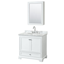 Load image into Gallery viewer, Wyndham Collection Vanity Wyndham Collection WCS202036SWHCMUNOMED Deborah 36 Inch Single Bathroom Vanity in White, White Carrara Marble Countertop, Undermount Oval Sink, and Medicine Cabinet