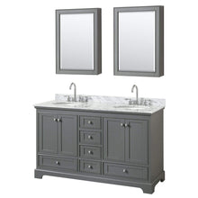 Load image into Gallery viewer, Wyndham Collection Vanity Wyndham Collection WCS202060DKGCMUNOMED Deborah 60 Inch Double Bathroom Vanity in Dark Gray, White Carrara Marble Countertop, Undermount Oval Sinks, and Medicine Cabinets