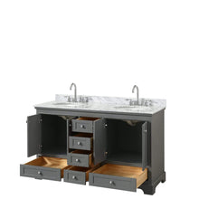 Load image into Gallery viewer, Wyndham Collection Vanity Wyndham Collection WCS202060DKGCMUNOMXX Deborah 60 Inch Double Bathroom Vanity in Dark Gray, White Carrara Marble Countertop, Undermount Oval Sinks, and No Mirrors