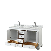 Load image into Gallery viewer, Wyndham Collection Vanity Wyndham Collection WCS202060DWHCMUNSMXX Deborah 60 Inch Double Bathroom Vanity in White, White Carrara Marble Countertop, Undermount Square Sinks, and No Mirror