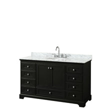 Load image into Gallery viewer, Wyndham Collection Vanity Wyndham Collection WCS202060SDECMUNOMXX Deborah 60 Inch Single Bathroom Vanity in Dark Espresso, White Carrara Marble Countertop, Undermount Oval Sink, and No Mirror