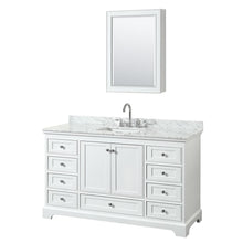Load image into Gallery viewer, Wyndham Collection Vanity Wyndham Collection WCS202060SWHCMUNSMED Deborah 60 Inch Single Bathroom Vanity in White, White Carrara Marble Countertop, Undermount Square Sink, and Medicine Cabinet
