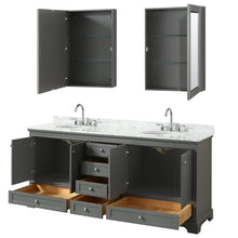 Load image into Gallery viewer, Wyndham Collection Vanity Wyndham Collection WCS202080DKGCMUNOMED Deborah 80 Inch Double Bathroom Vanity in Dark Gray, White Carrara Marble Countertop, Undermount Oval Sinks, and Medicine Cabinets