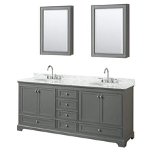 Load image into Gallery viewer, Wyndham Collection Vanity Wyndham Collection WCS202080DKGCMUNOMED Deborah 80 Inch Double Bathroom Vanity in Dark Gray, White Carrara Marble Countertop, Undermount Oval Sinks, and Medicine Cabinets