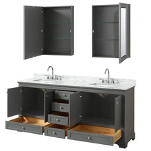 Load image into Gallery viewer, Wyndham Collection Vanity Wyndham Collection WCS202080DKGCMUNSMED Deborah 80 Inch Double Bathroom Vanity in Dark Gray, White Carrara Marble Countertop, Undermount Square Sinks, and Medicine Cabinets