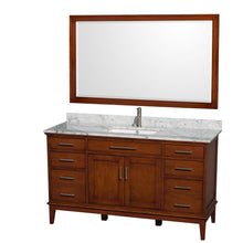 Load image into Gallery viewer, Wyndham Collection Vanity Wyndham Collection WCV161660SCLCMUNSM56 Hatton 60 Inch Single Bathroom Vanity in Light Chestnut, White Carrara Marble Countertop, Undermount Square Sink, and 56 Inch Mirror