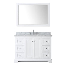 Load image into Gallery viewer, Wyndham Collection Vanity Wyndham Collection WCV232348SWHCMUNOM46 Avery 48 Inch Single Bathroom Vanity in White, White Carrara Marble Countertop, Undermount Oval Sink, and 46 Inch Mirror